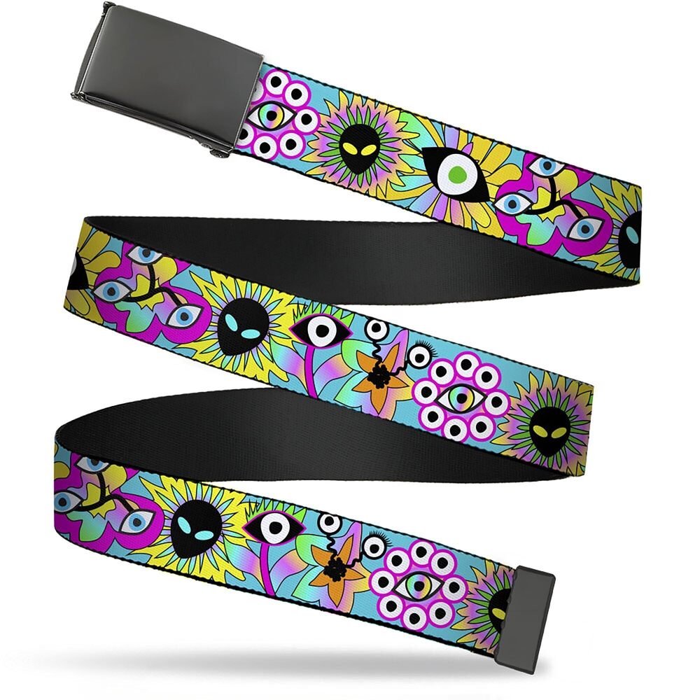 8700 Belt, Flip Web Belt Funky Alien Flowers Aqua Blue Multi Color, 1.0
